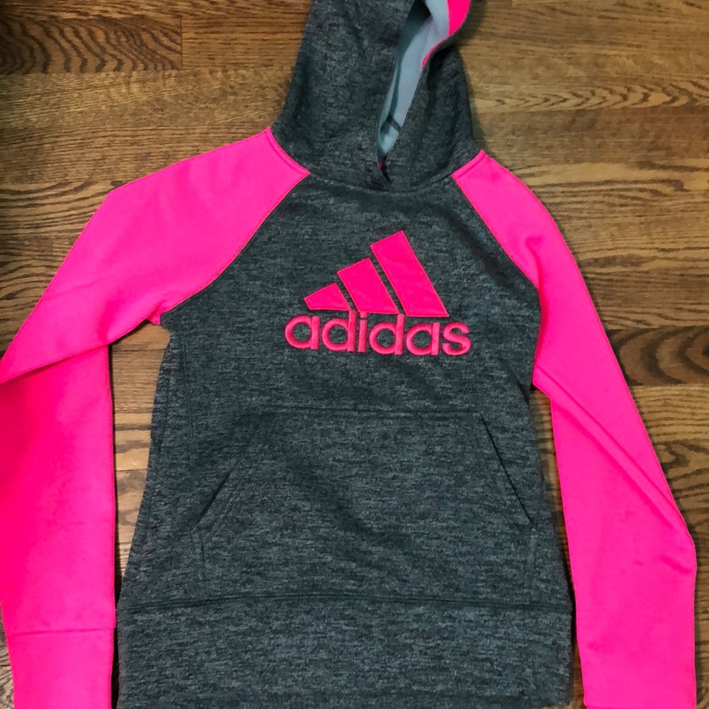 Adidas pink and grey pull over sweatshirt with hood (size 12 girls)